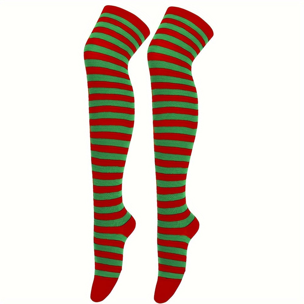 Calcetines hasta la rodilla con rayas vibrantes: calcetines hasta la pantorrilla para mujer, ideales para festivales de música, fiestas de cosplay y cualquier estilo. Medias suaves, elásticas y cómodas para usar todo el día.