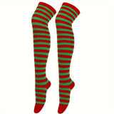 Calcetines hasta la rodilla con rayas vibrantes: calcetines hasta la pantorrilla para mujer, ideales para festivales de música, fiestas de cosplay y cualquier estilo. Medias suaves, elásticas y cómodas para usar todo el día.