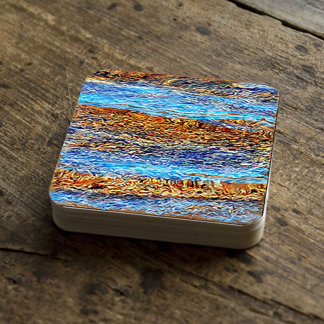 Beach Waves Coastal Wooden Cork Coasters Gift Set of 4 by Nature Wonders - Coastal Sea-Life Decor - 95354C-S4