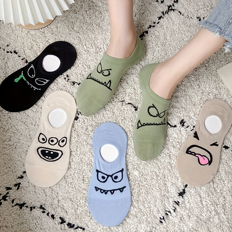 5 pares de calcetines con estampado de dibujos animados, divertidos y transpirables, de corte bajo, para mujer.