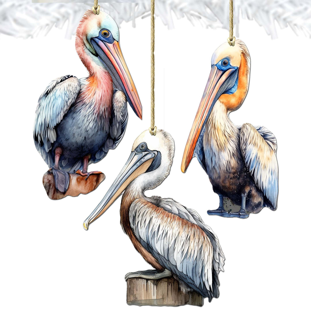 Pelicans Decorative Wooden Ornaments of 3 by G. Debrekht - Coastal Decor - 8091014-S3