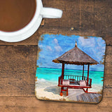 Beach Cabana Coastal Wooden Cork Coasters Gift Set of 4 by Nature Wonders - Coastal Sea-Life Decor - 95270C-S4