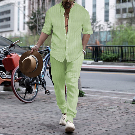 Men's Striped Hengli Collar Shirt Trousers - Lootquake