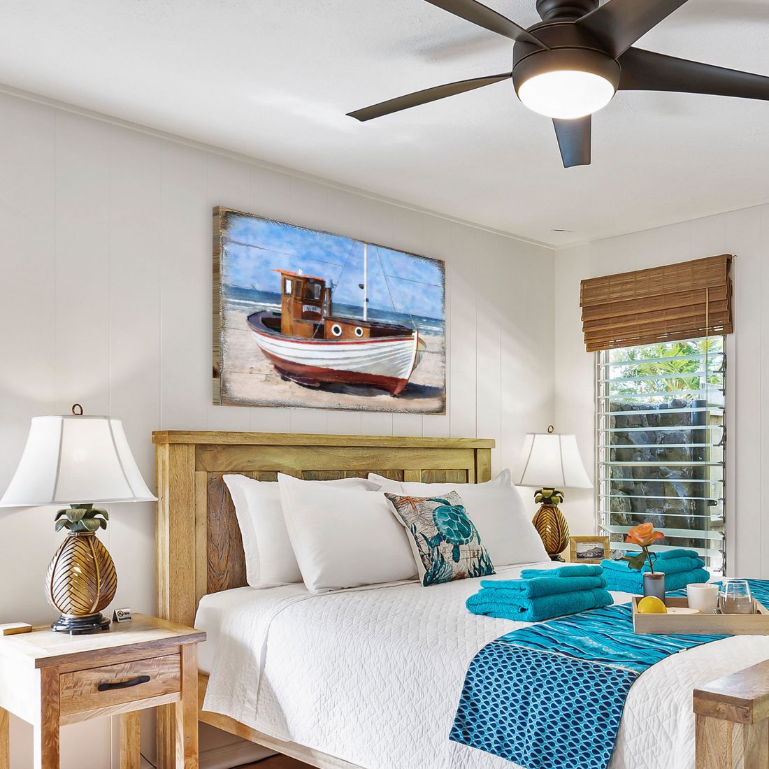 Arte mural costero de madera con vista al mar, barco varado, de Nature Wonders - Decoración costera de vida marina - 95321B