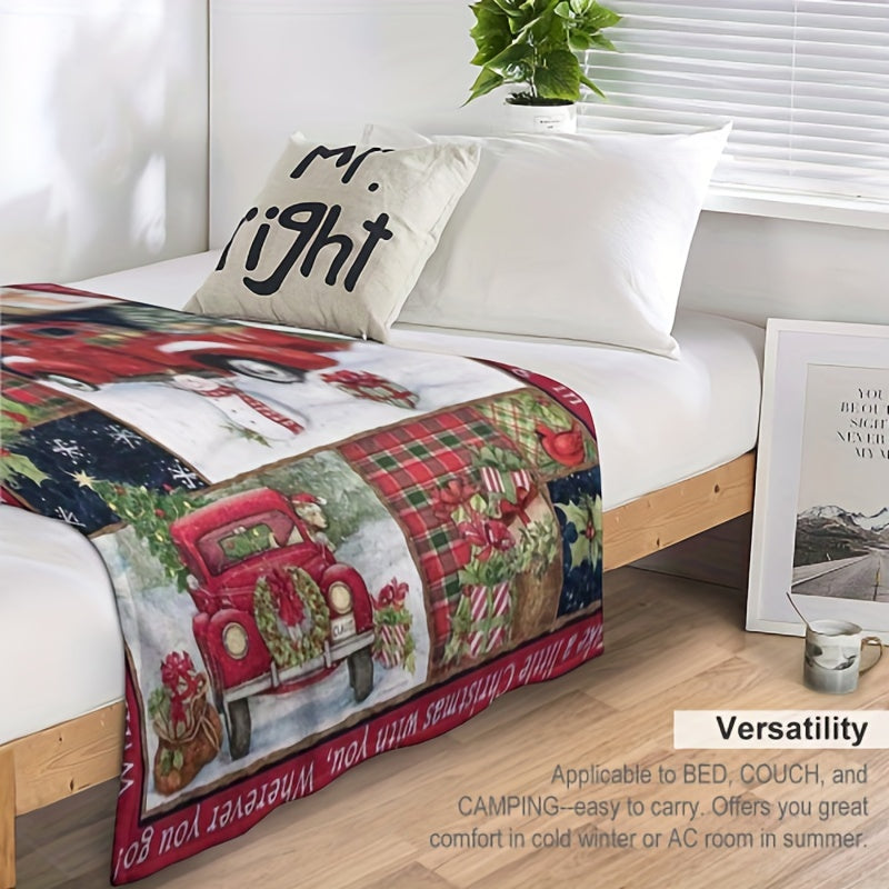 1pc Cozy Christmas Car Print Flannel Blanket - Ultra-Soft, Warm, and Lightweight Throw Blanket for Couch, Sofa, Office, Bed, Camping, and Travel - Multi-Purpose, All-Season Gift Blanket for Family and Friends with Versatile U
