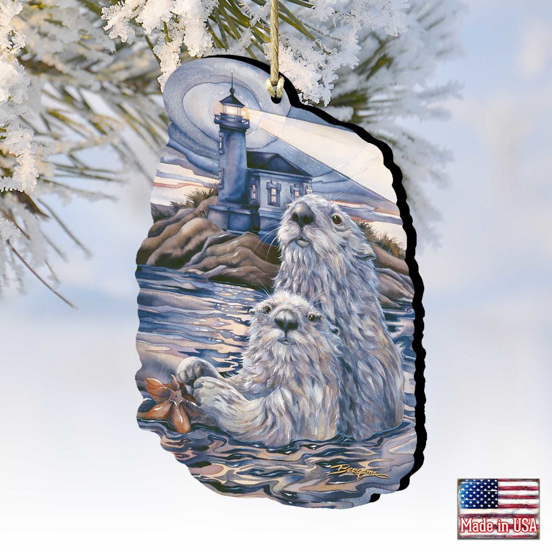 Starlight Otter Lighthouse Wooden Ornaments by J. Bergsma - Coastal Sea-Life Decor - 8591572-JB