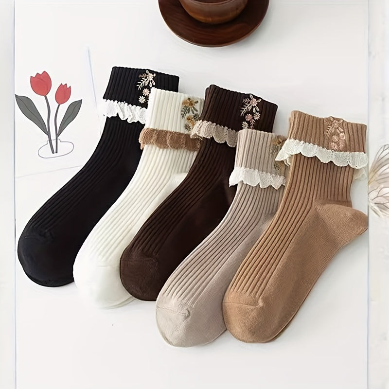 5 pares de calcetines con encaje floral, suaves y cálidos, acanalados hasta el tobillo, medias y calcetería para mujer