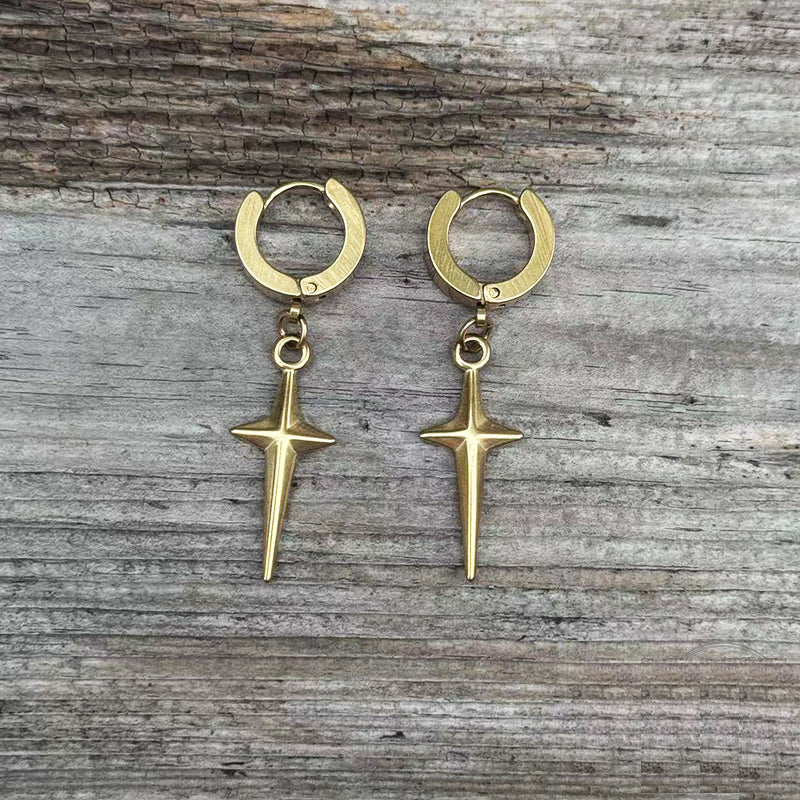 Pendientes de aro de acero inoxidable con estrella de 4 puntas
