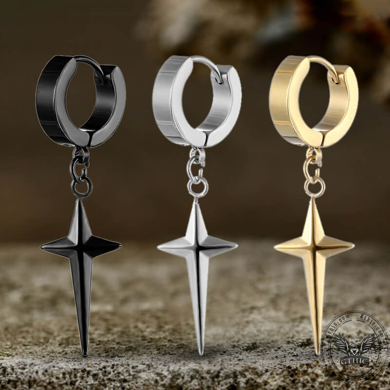 Pendientes de aro de acero inoxidable con estrella de 4 puntas