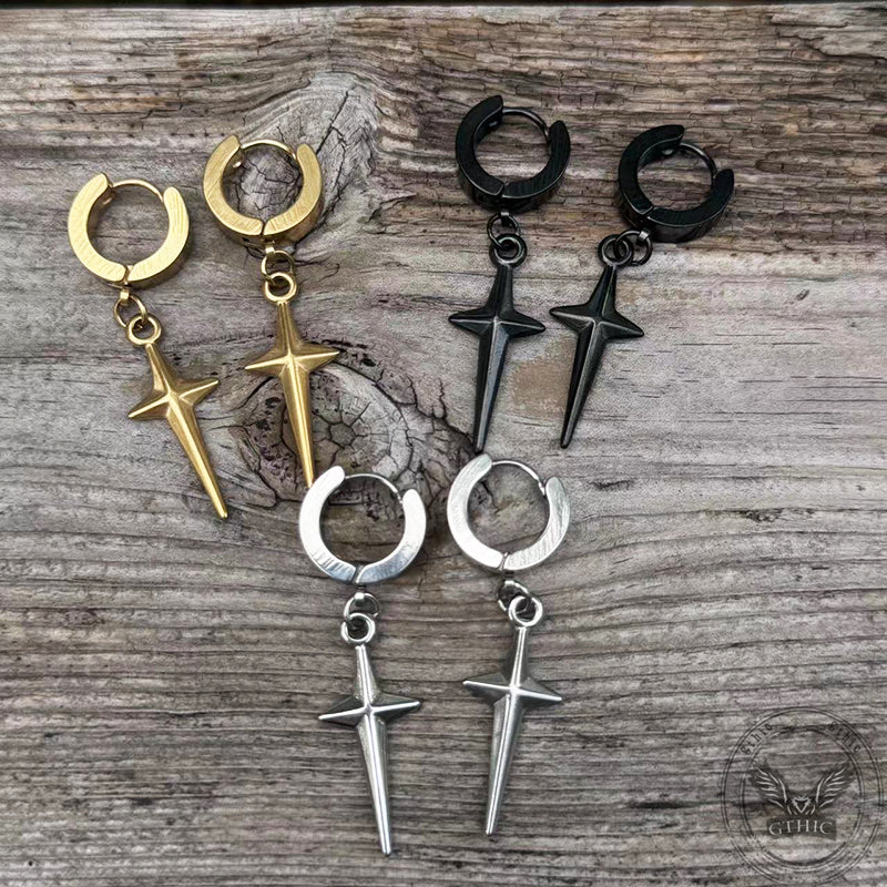 Pendientes de aro de acero inoxidable con estrella de 4 puntas