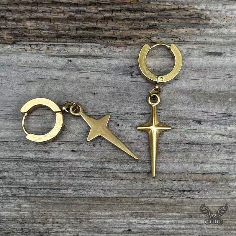 Pendientes de aro de acero inoxidable con estrella de 4 puntas