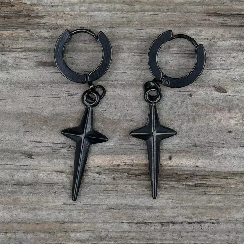 Pendientes de aro de acero inoxidable con estrella de 4 puntas