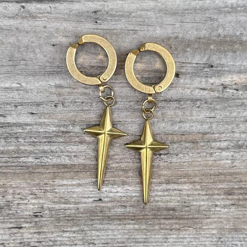 Pendientes de aro de acero inoxidable con estrella de 4 puntas