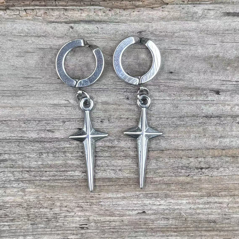 Pendientes de aro de acero inoxidable con estrella de 4 puntas