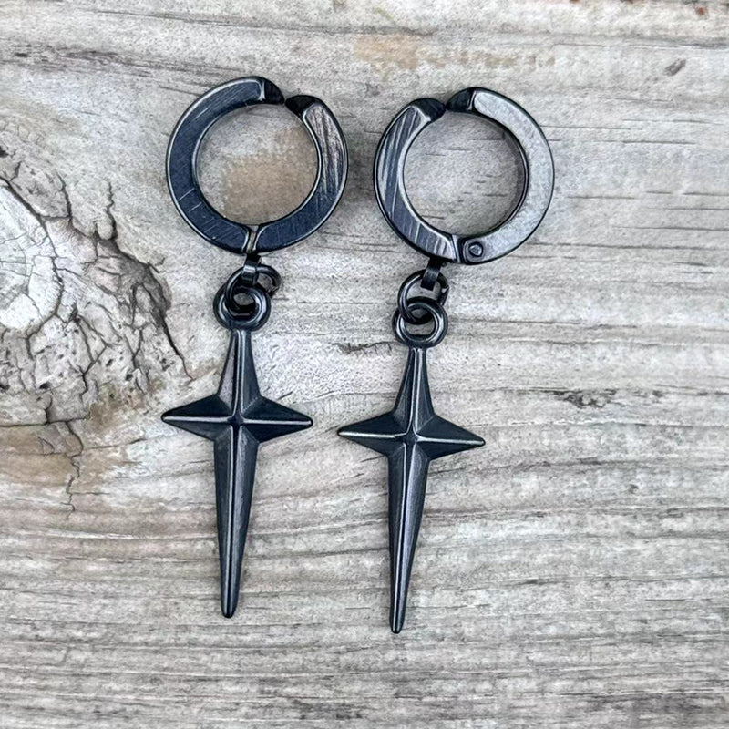 Pendientes de aro de acero inoxidable con estrella de 4 puntas