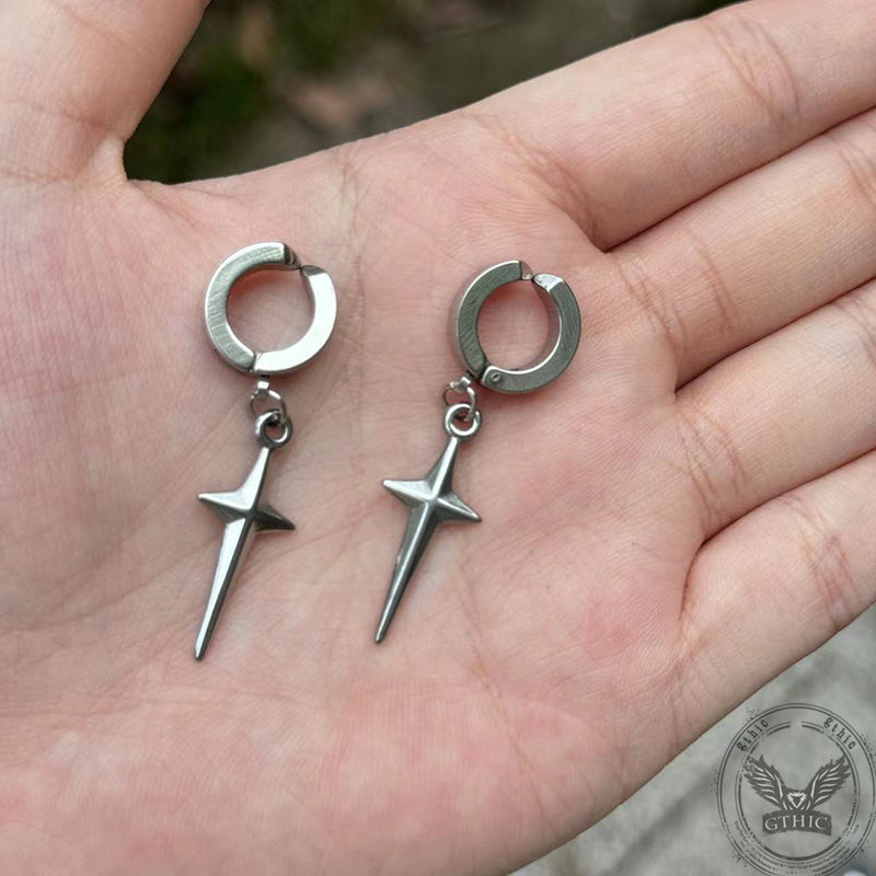 Pendientes de aro de acero inoxidable con estrella de 4 puntas