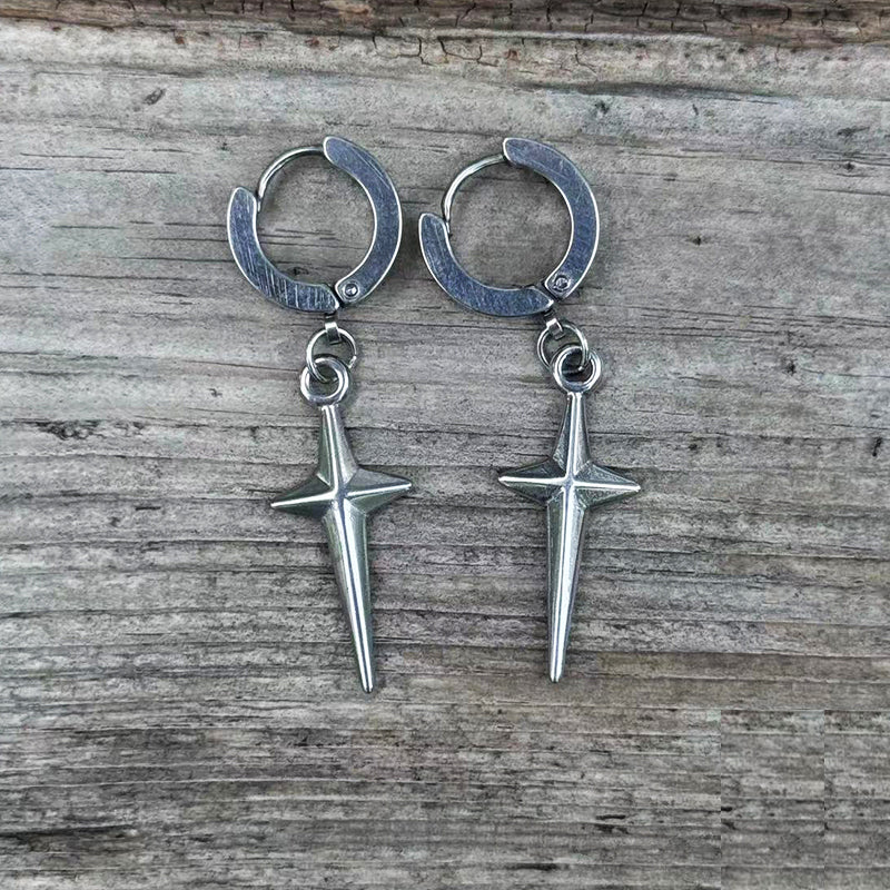 Pendientes de aro de acero inoxidable con estrella de 4 puntas