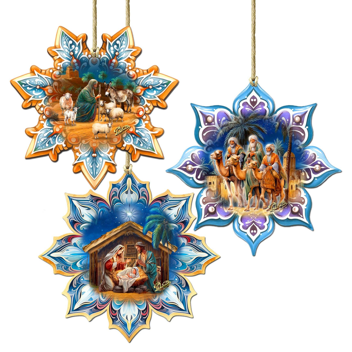 Nativity Snowflake Wooden Ornaments Set of 3 by G. Debrekht - Nativity Holiday Decor - 8090153-S3