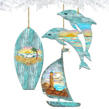 Coastal Wooden Ornaments Surfboard, Sailboat, Dolphins Set of 3 by G. DeBrekht - Coastal Holiday Décor - 8100048S3