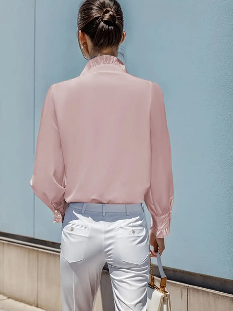 Fashionable Stand-up Collar Long-sleeved Shirt With Lotus Leaf Hem - Lootquake