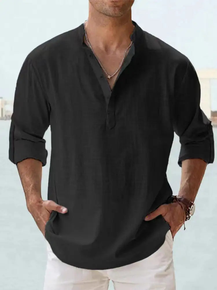 Men's Linen Stand-up Collar Long Sleeve T-shirt Loose Undershirt - Lootquake
