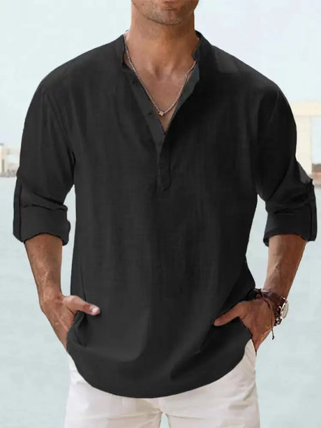 Men's Linen Stand-up Collar Long Sleeve T-shirt Loose Undershirt - Lootquake