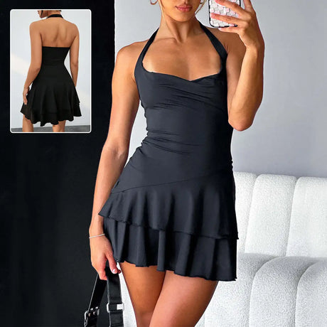 Slim Halter-neck Dress Ins Fashion Sleeveless Backless Ruffled Short Dresses Summer Clothing For Women - Lootquake