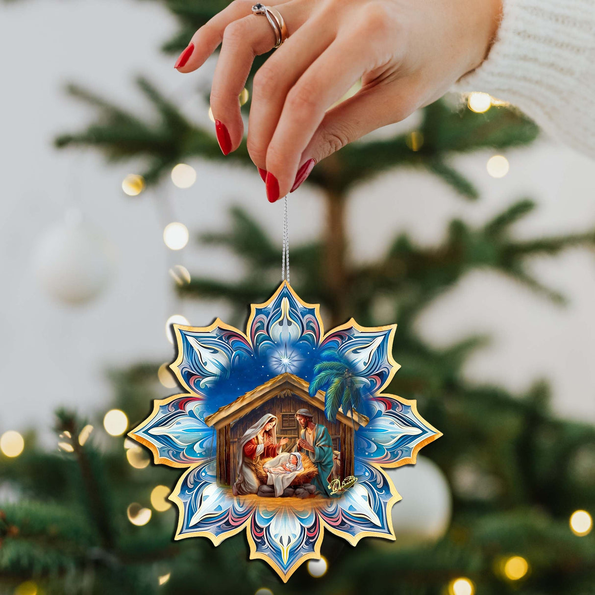 Nativity Snowflake Wooden Ornaments Set of 3 by G. Debrekht - Nativity Holiday Decor - 8090153-S3