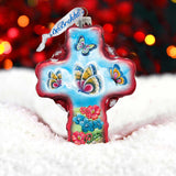 Butterflies Cross Red Glass Ornament by G. DeBrekht - Nativity Holiday Decor - 758-001R