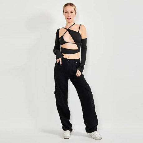 Long Sleeve Top Cut Out Asymmetrical Neck - Lootquake