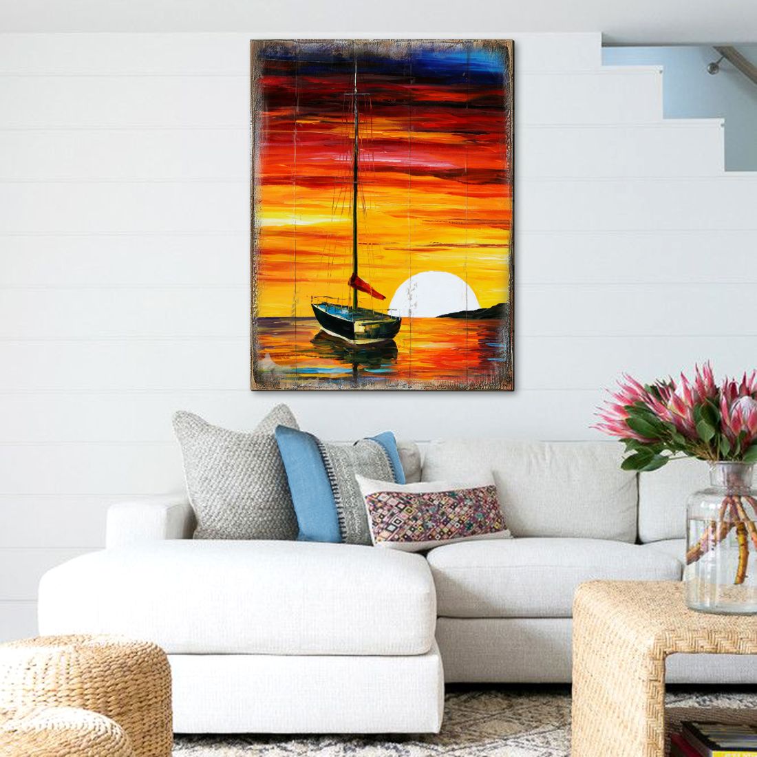 Arte mural costero de madera con atardecer en velero Alberty de Nature Wonders - Decoración costera de vida marina - 95323B