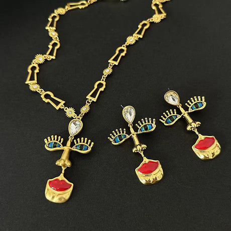 Minority Design Vintage Red Lip Nose Eye Pendant Necklace - Lootquake