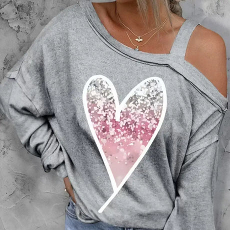 Ladies' Heart-shaped Cherry Blossom Graphic Print Asymmetric Dewdrop Shoulder Top Long Sleeved Shirt - Lootquake