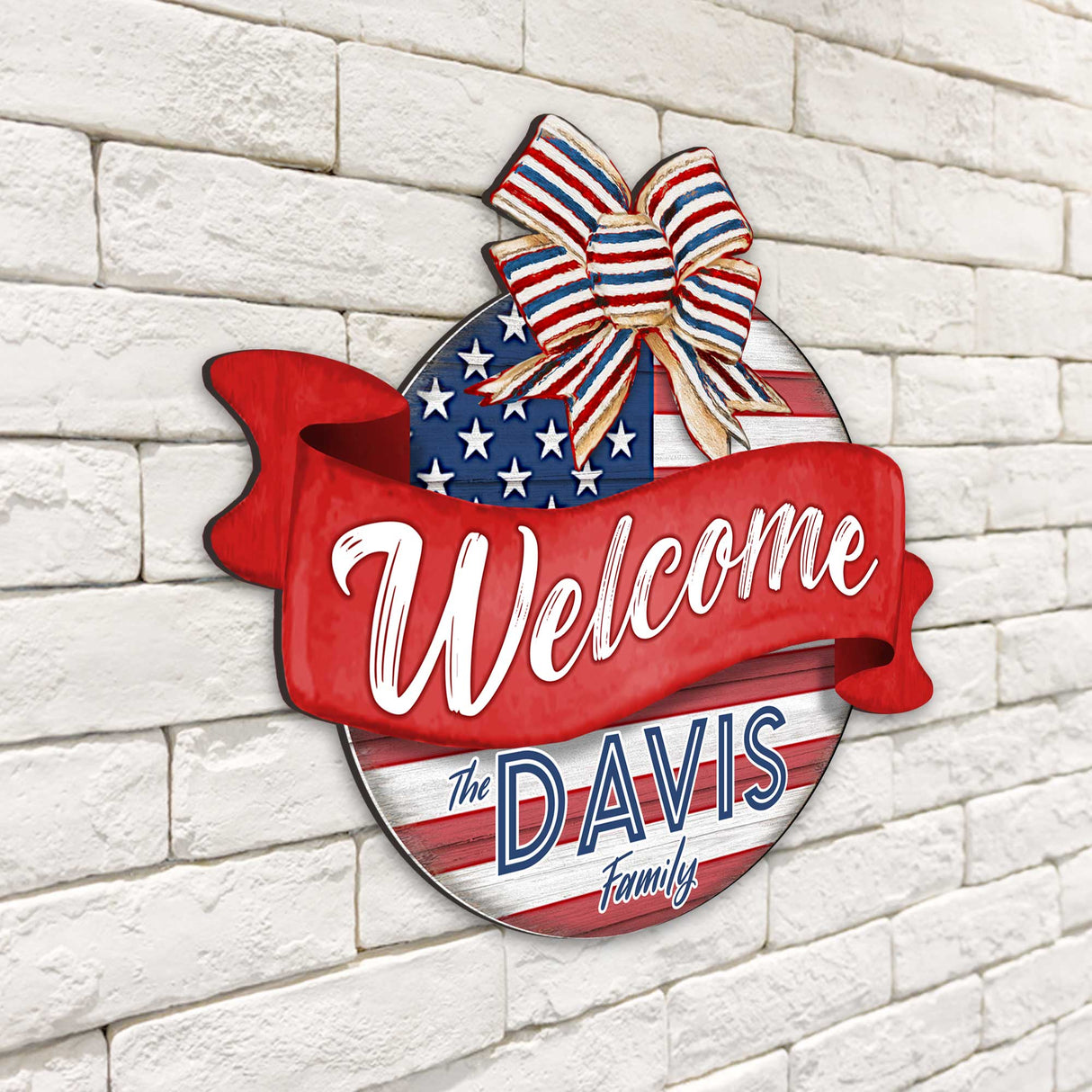 Letrero de bienvenida para puerta de entrada, nombre personalizado, bandera estadounidense, corona de porche, letrero de bienvenida familiar para entrada principal - Decoración de porche delantero de madera - 933103HC