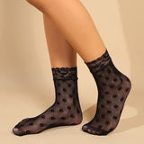 Elegancia chic, calcetines ultrafinos transparentes para mujer con ribete de encaje y estampado floral - Malla transpirable, mezcla de nailon