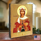 Saint Barbara Wooden Gold Plated Religious Orthodox Sacred Icon - Inspirational Icon Decor - 85038
