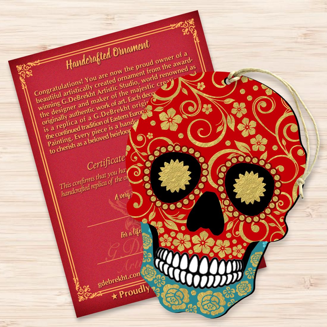 Day of the Dead Decorated Skull Wooden Ornaments by G. DeBrekht - Thanksgiving Halloween Decor - 8198443-2