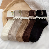 5 pares de calcetines con encaje floral, suaves y cálidos, acanalados hasta el tobillo, medias y calcetería para mujer