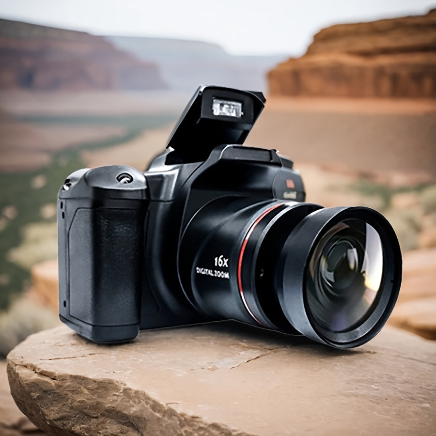 1080P Full HD Digital Camera with 32GB Card, 16x Zoom, 9.88mm Wide-Angle Lens – Compact Travel Essential for Women, Black, Powered by 4 AA Batteries (Not Included), Travel Photography | Sleek Black Camera | Highquality Lens