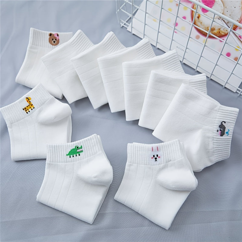 10 Pairs Cartoon Animal Print Socks, Cute & Breathable Short Socks, Women's Stockings & Hosiery