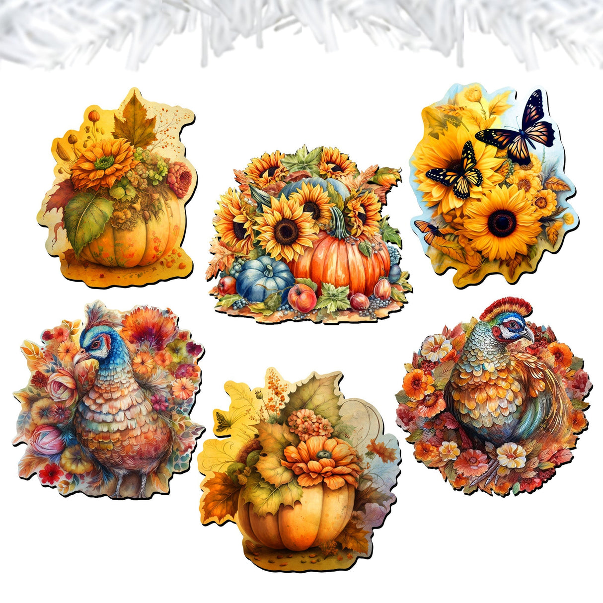 Happy Thanksgiving Decorative Wooden Clip-on Ornaments of 6 by G. Debrekht - Thanksgiving Decor - 8090018C-S6