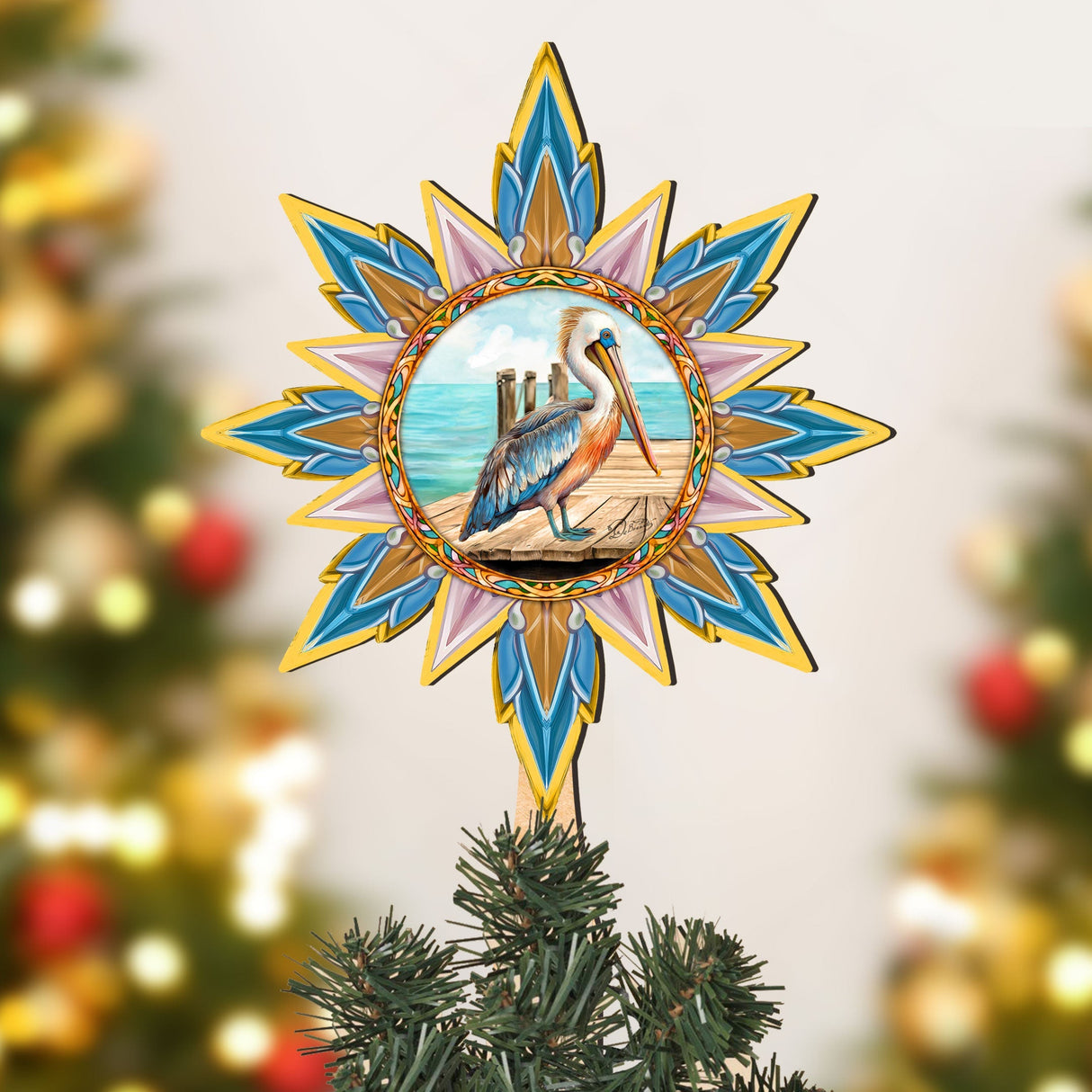 Coastal Pelican Star Tree Topper Wooden Decor by G. Debrekht - Wildlife Holiday Decor - 89514