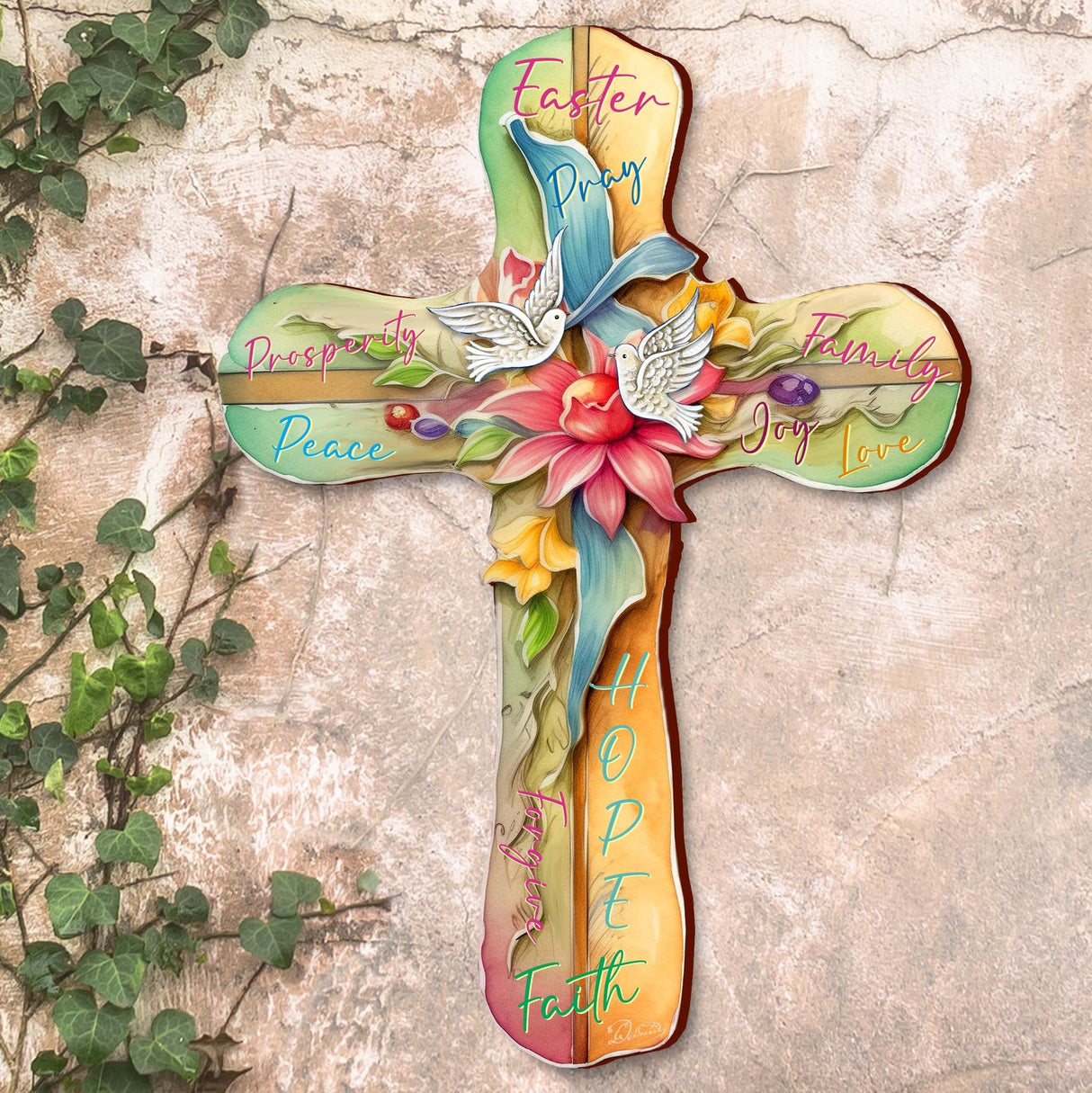 Easter Wooden Cross with Doves by G. Debrekht - Easter Spring Decor - 88167