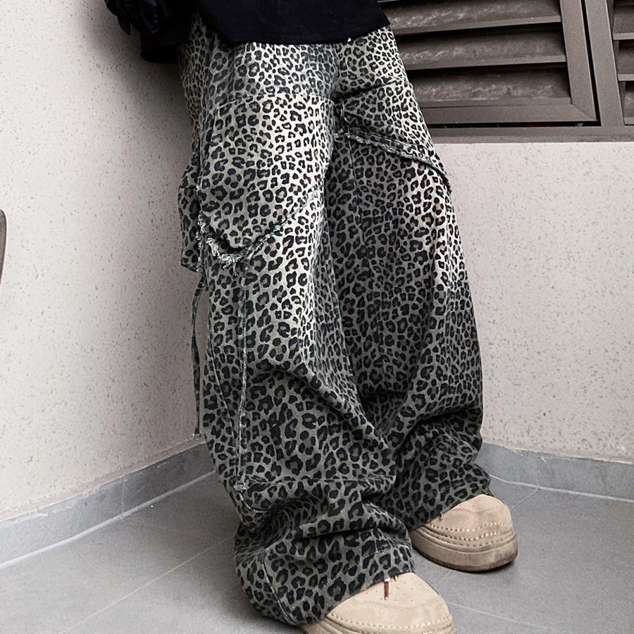 Loose Straight Slightly Flared Workwear Casual Wide-leg Mopping Leopard Jeans - Lootquake