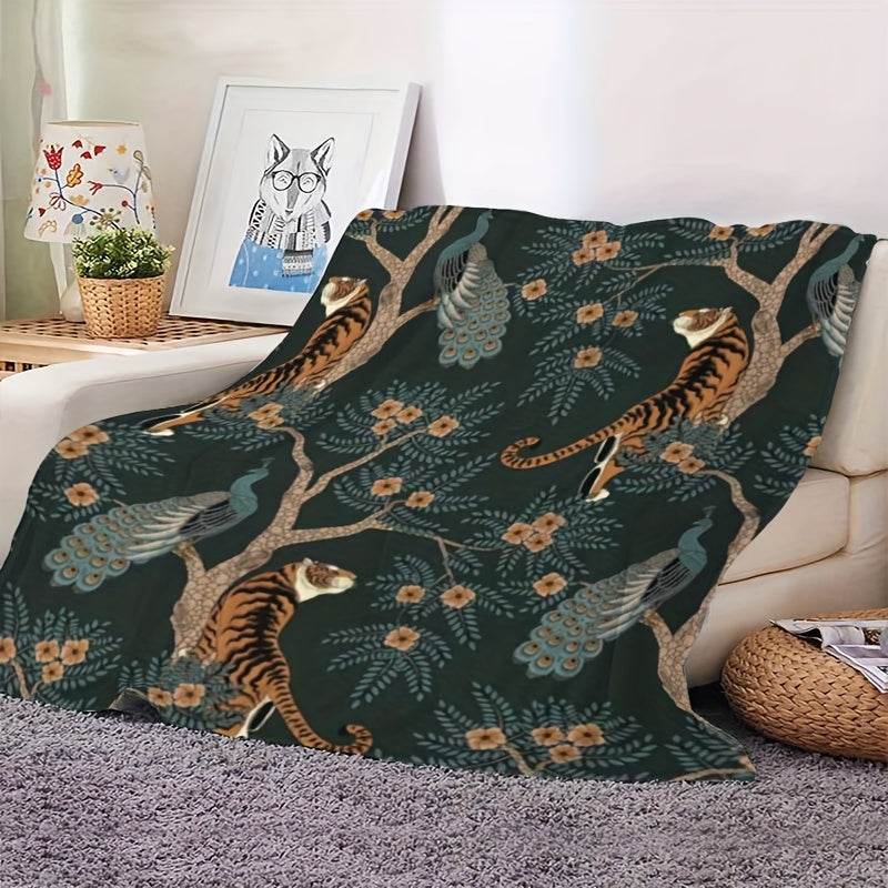 51x59 inches Vibrant Tiger and Peacock Print Flannel Throw Blanket - Throws with Hypoallergenic Polyester Fiber, Soft Multipurpose Knitted Design for All Seasons, Space Theme Decorative Bedding with Easy Dry Clean Care and St