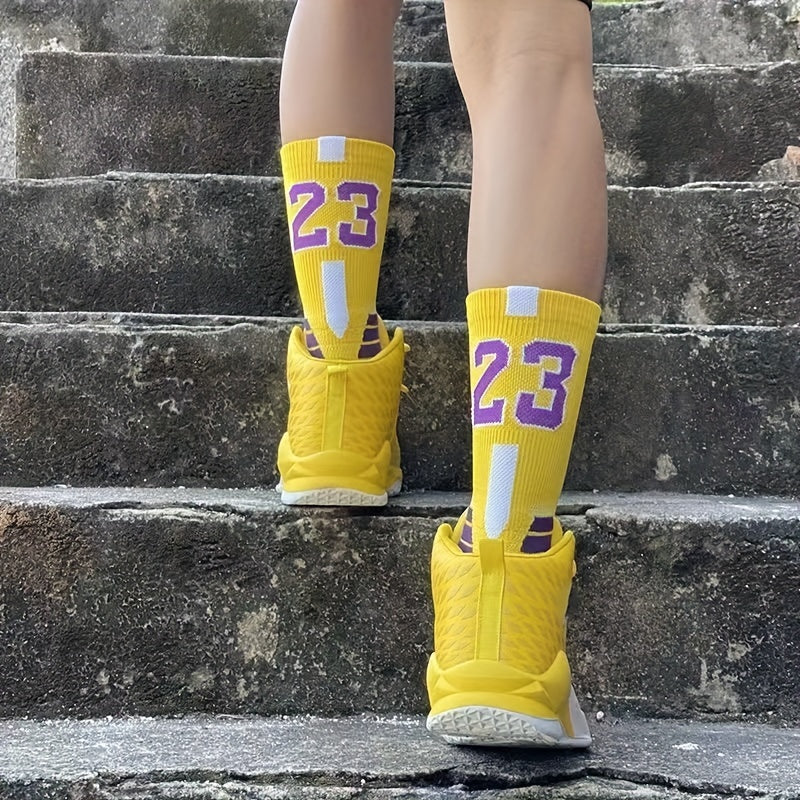 4 Pairs Of Men's Mid Crew #23/24 Sport Socks, Sweat-absorbing Comfy Breathable Socks For Men's Basketball Training, Running Outdoor Activities
