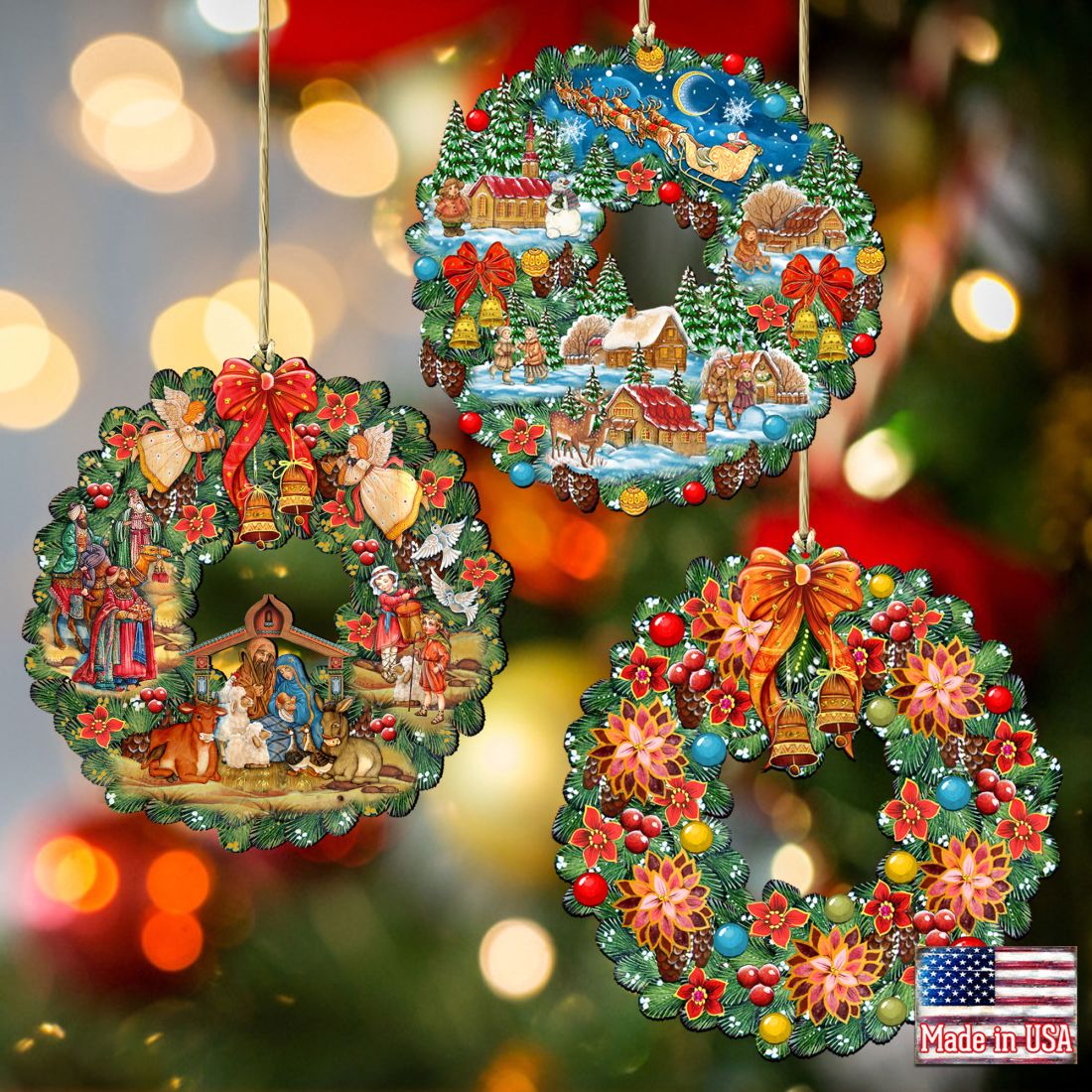 Wreaths Keepsake Wooden Ornaments Set of 3 by G. DeBrekht - Christmas Decor - 8100111S3