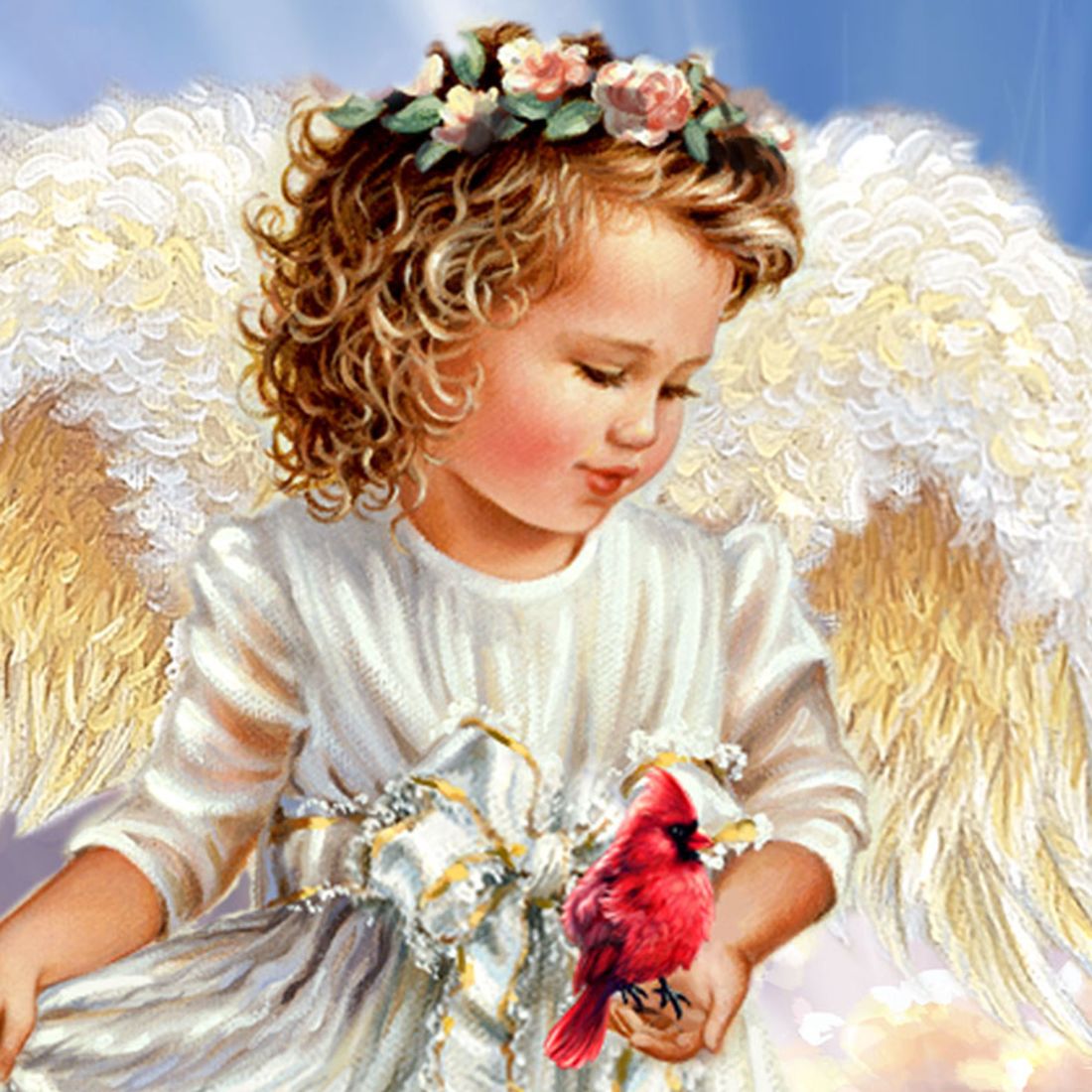 Ángel con cardenal, arte mural de madera de D. Gelsinger - Decoración navideña - 95676B-DG