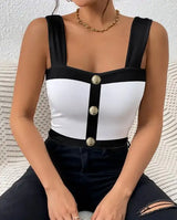 Women's Square Neck Sleeveless Color Blocked Versatile Slim Fit Vest - Lootquake