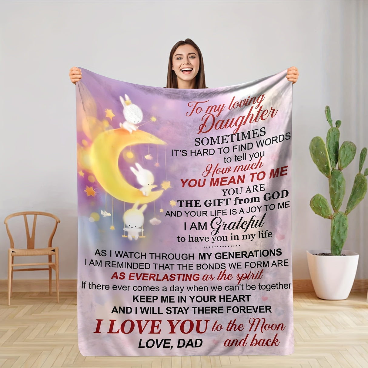 Manta con mensaje sentimental para mi hija, suave manta de franela con temática lunar, regalo de papá para interiores, decoración acogedora para el hogar.